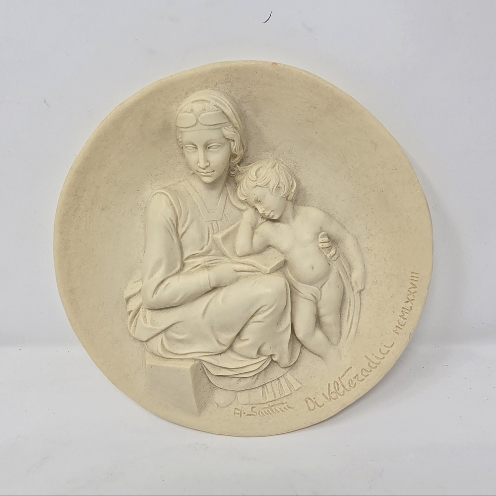 Vtg 1978 pensive madonna  alabaster plate di volteradici santini‎ italy religion